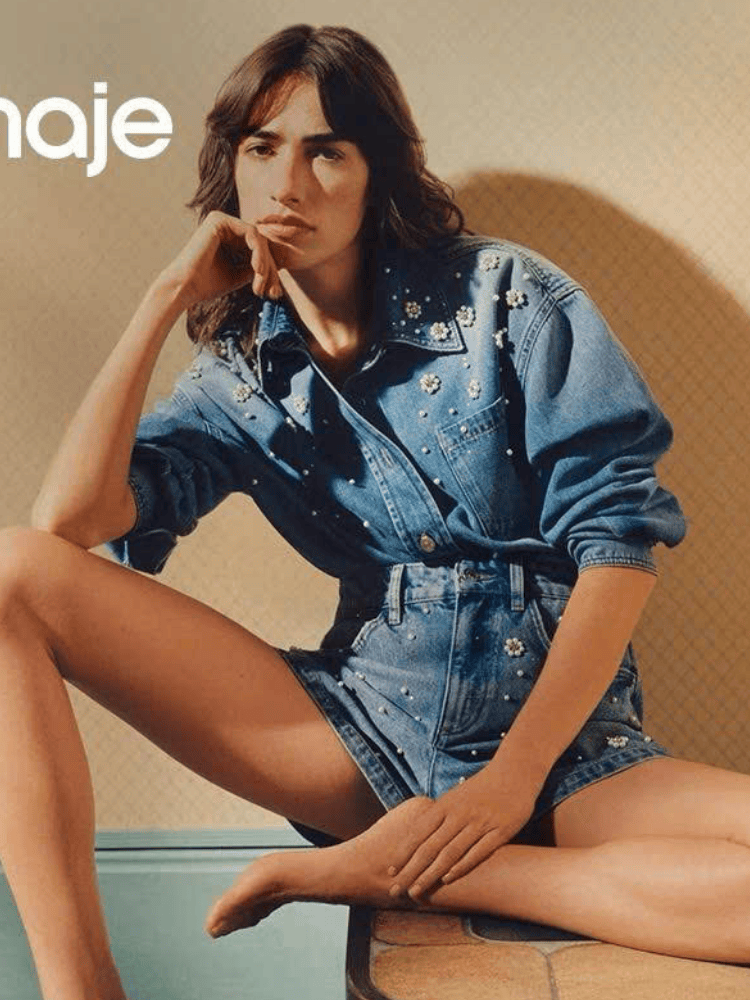 Quần short denim Maje đính ngọc trai