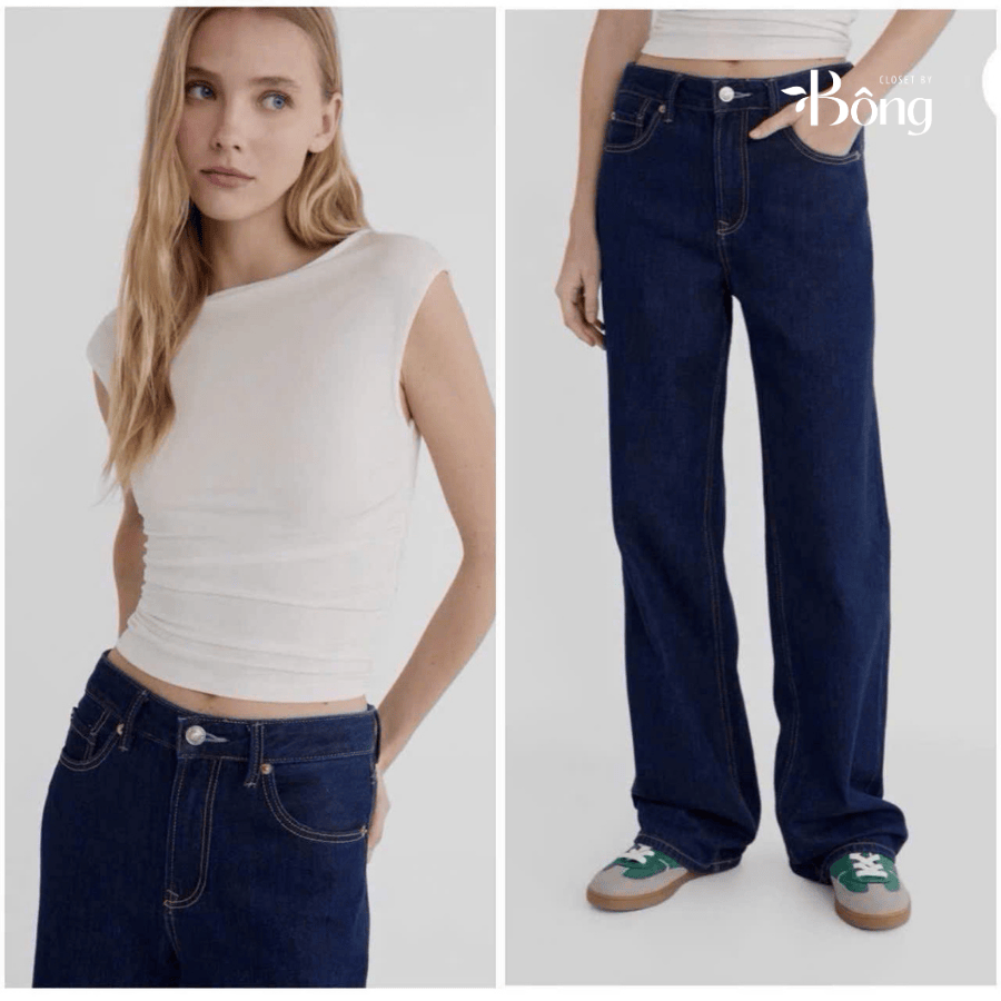 Quần denim suông Stradivarius màu chàm