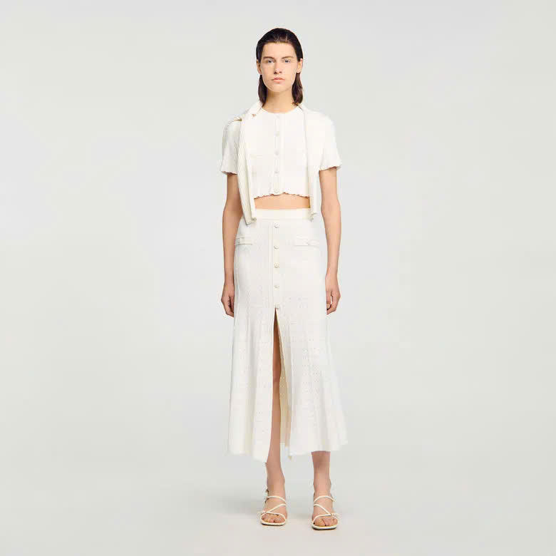 Set Áo cardigan đan/Chân váy midi có đường xẻ