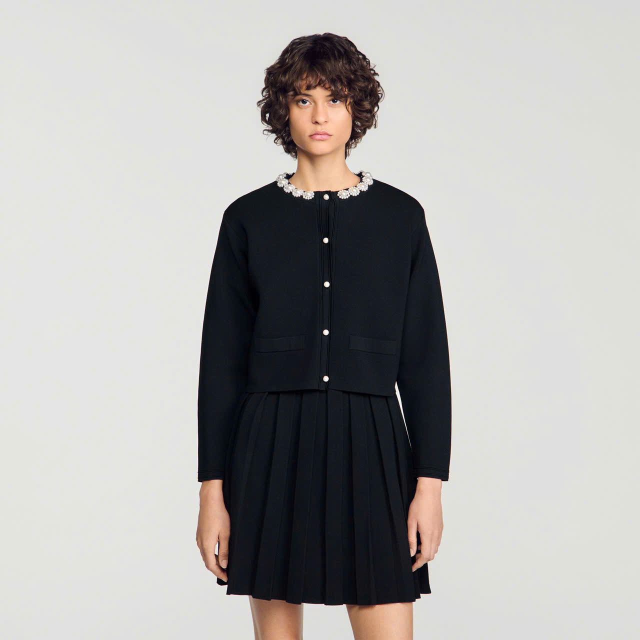 ÁO CARDIGAN SANDRO CỔ HOA ĐÍNH NGỌC TRAI