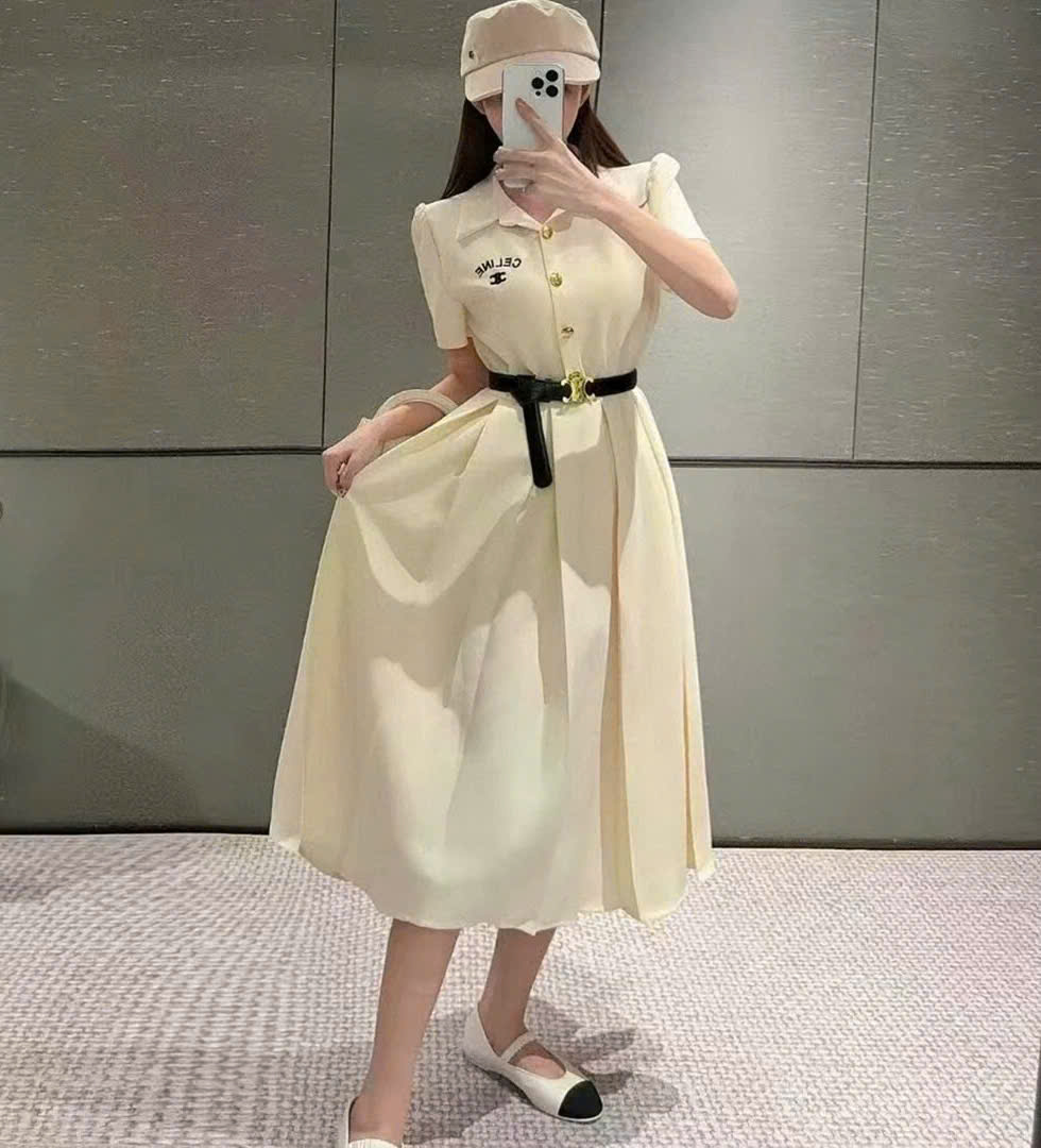 Váy liền Celine cổ bẻ kèm belt 2 màu