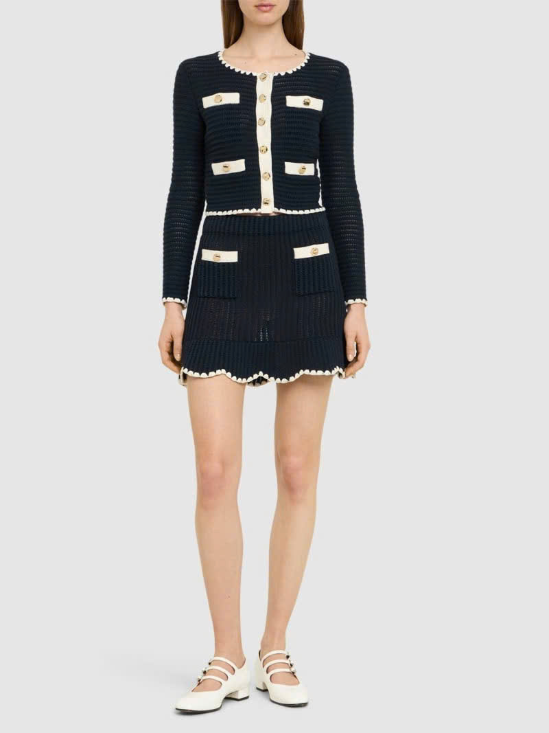 Set Self-Portrait đan móc navy cổ tròn 4 túi viền trắng (không tách)