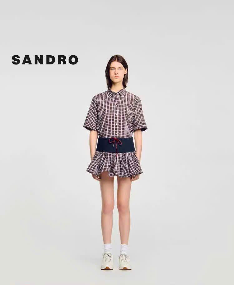 Chân váy Sandro kẻ nâu mini xòe