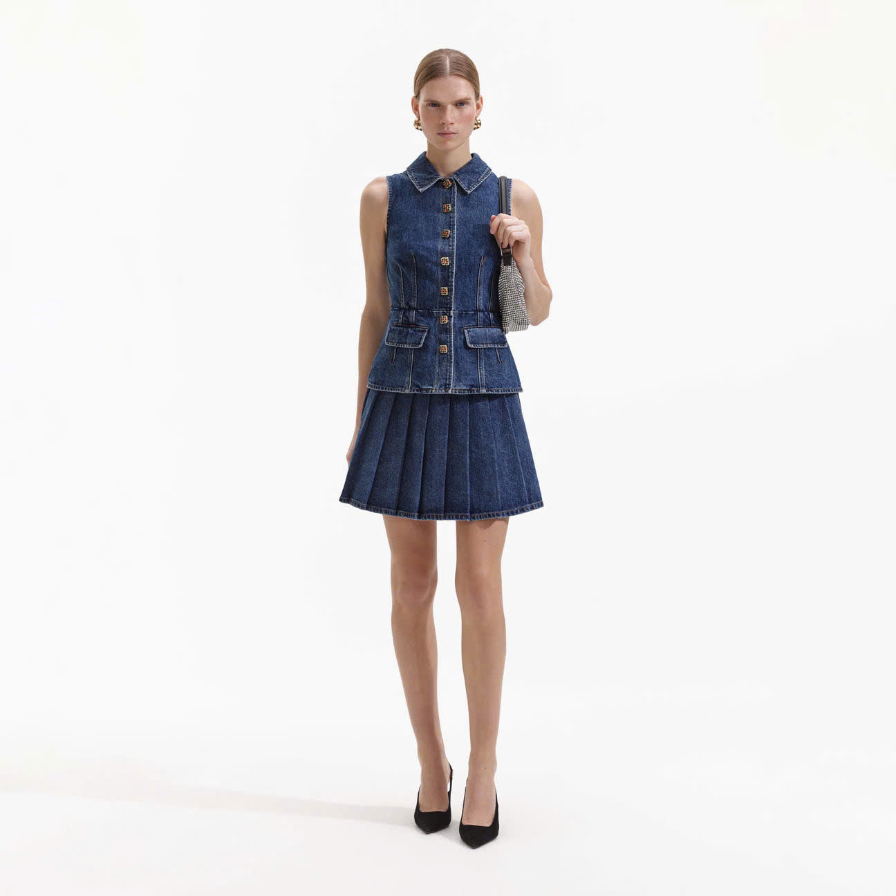 Set denim Sel-Portrait ngắn tay 2 túi ngực chân váy mini