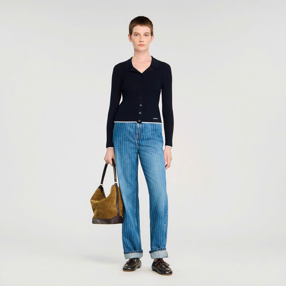 Áo len cardigan cổ polo ngắn