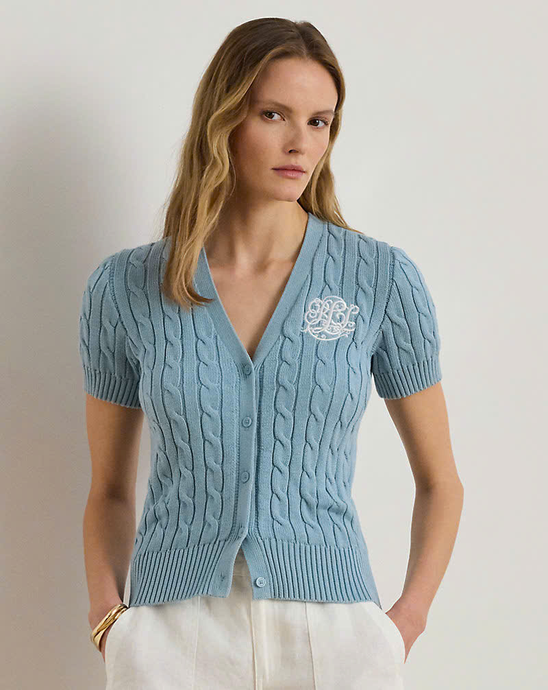 Áo khoác cardigan tay ngắn bằng cotton dệt kim kiểu cáp