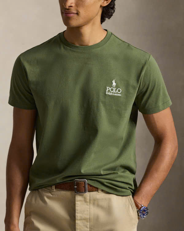 Áo thun dệt kim trơn cổ điển bằng cotton có logo