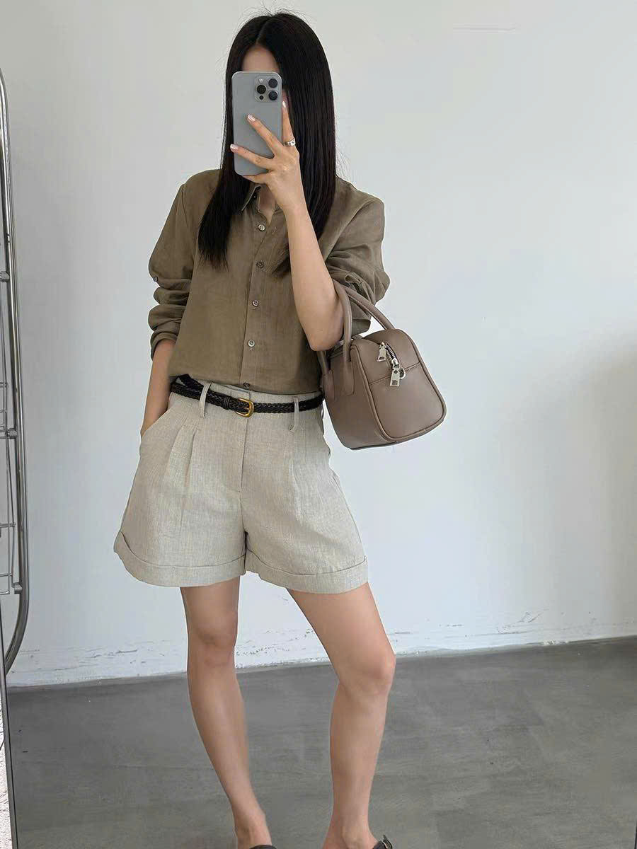 Quần short linen T-Flatform gấu lật kèm belt da tết (6206JW)