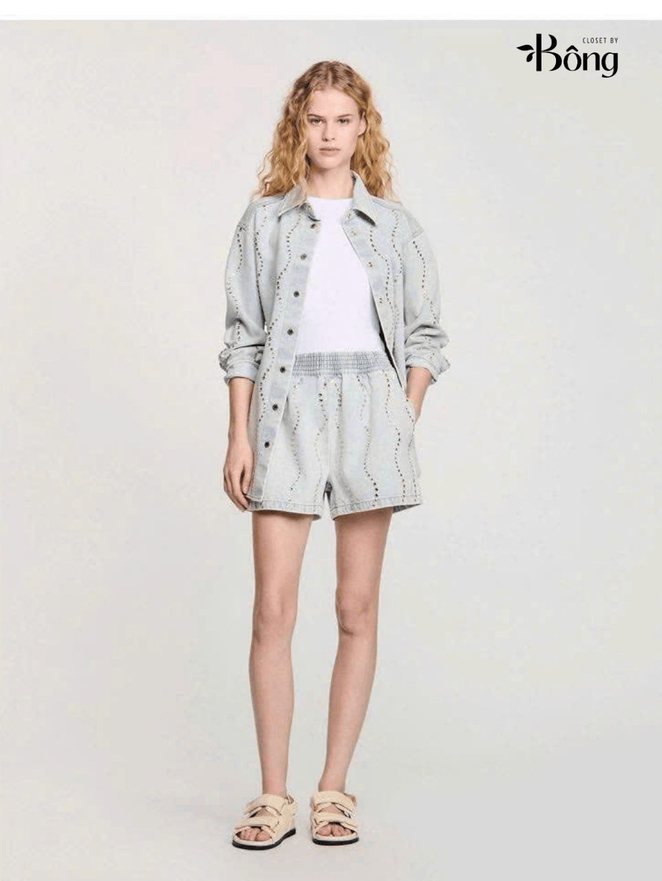 Áo denim Sandro cổ bẻ bling