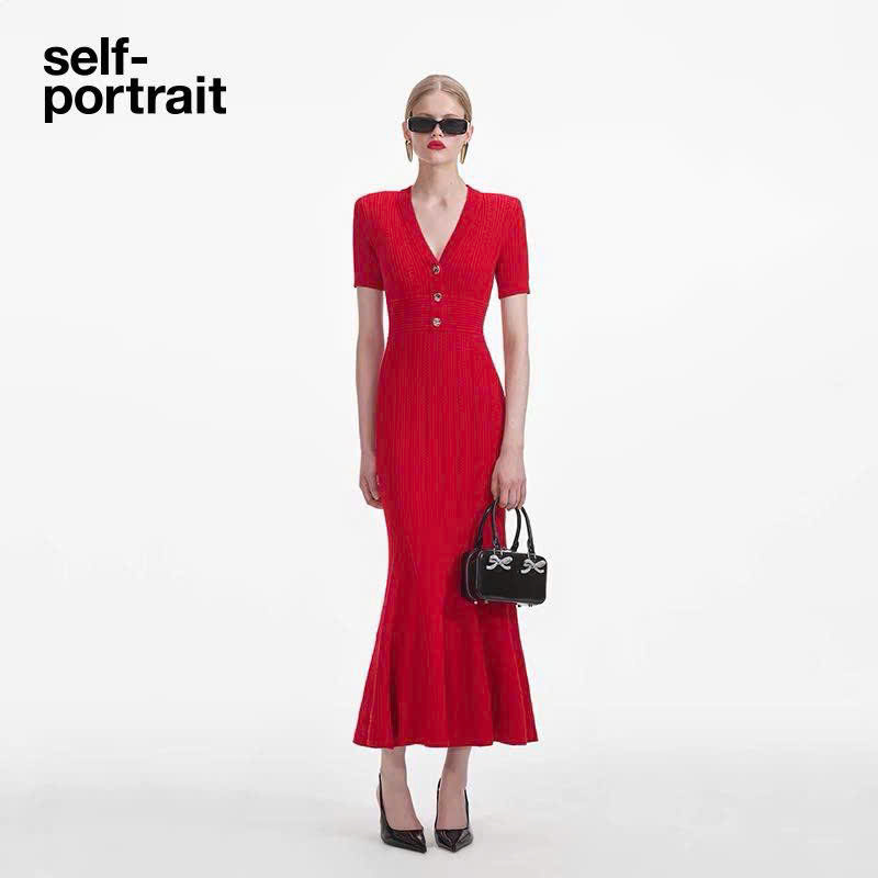 Váy len Sel-Portrait đệm vai ngắn tay 2 màu