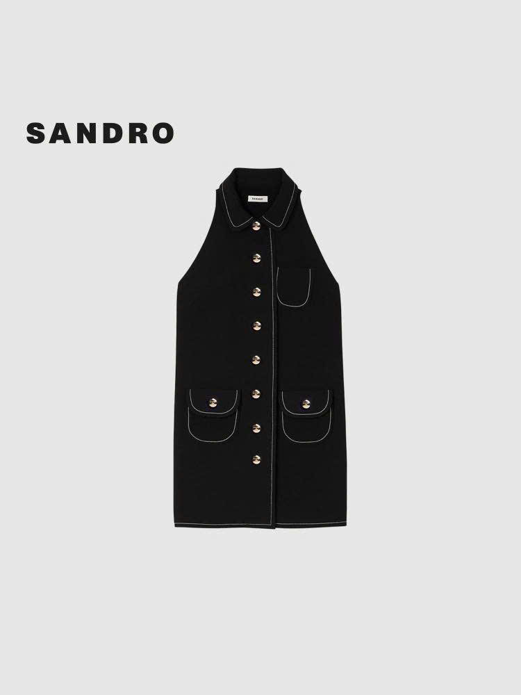 Váy Sandro đen sát nách cổ đức viền chỉ 2 túi trước cổ yếm