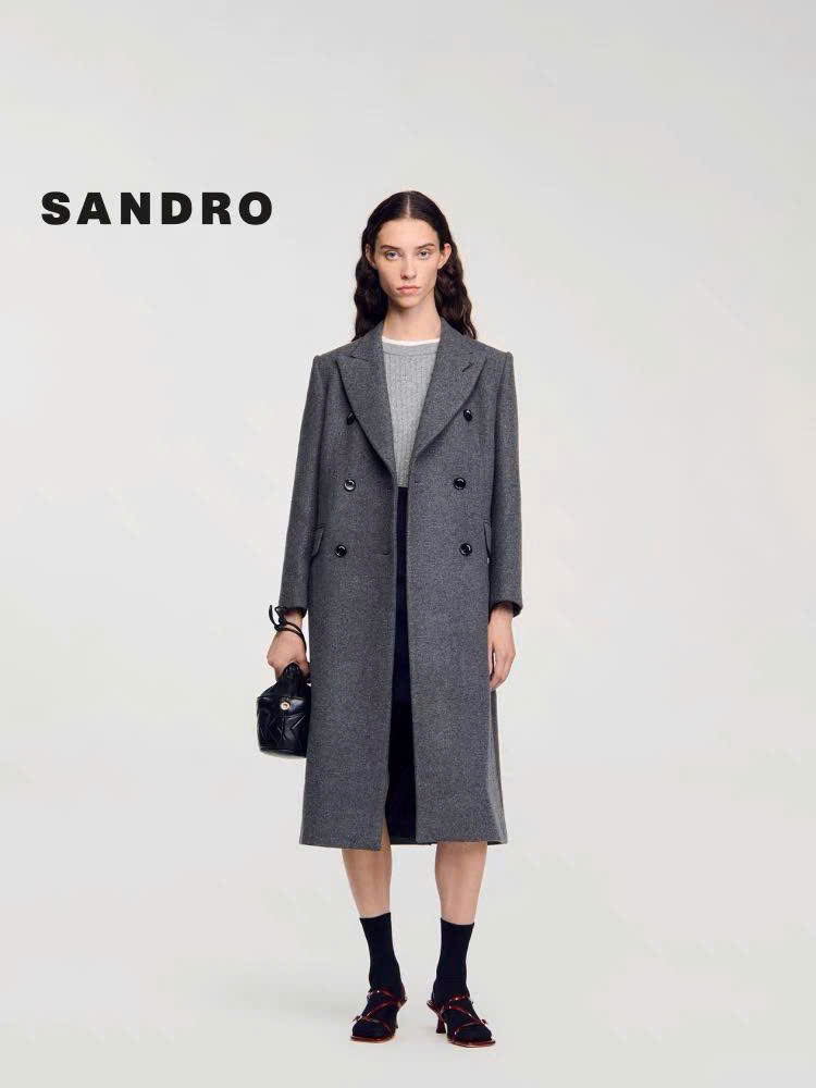 Longcoat dạ Sandro màu lông chuột cổ bẻ