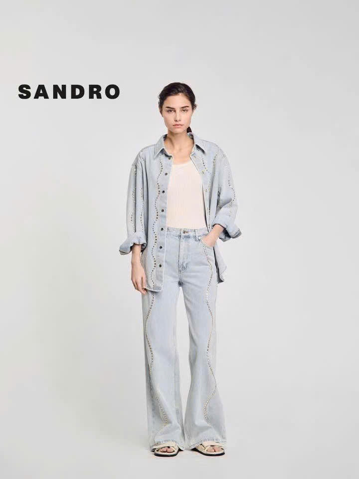 Quần denim Sandro suông bling đá lượn sóng (3pcs tách set)