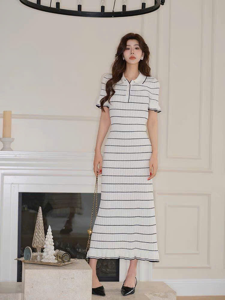 Đầm maxi dệt kim cổ polo