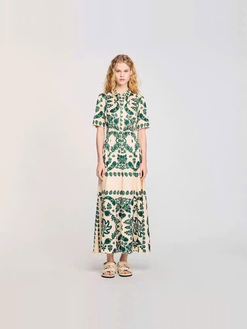 Váy maxi lụa Sandro cổ đức hoa xanh