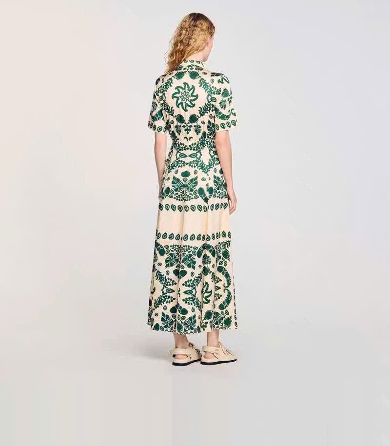 Váy maxi lụa Sandro cổ đức hoa xanh