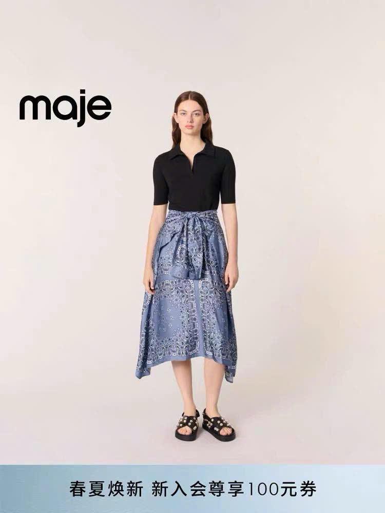 Váy maxi Maje lụa phối cotton xanh đen phối hoạ tiết