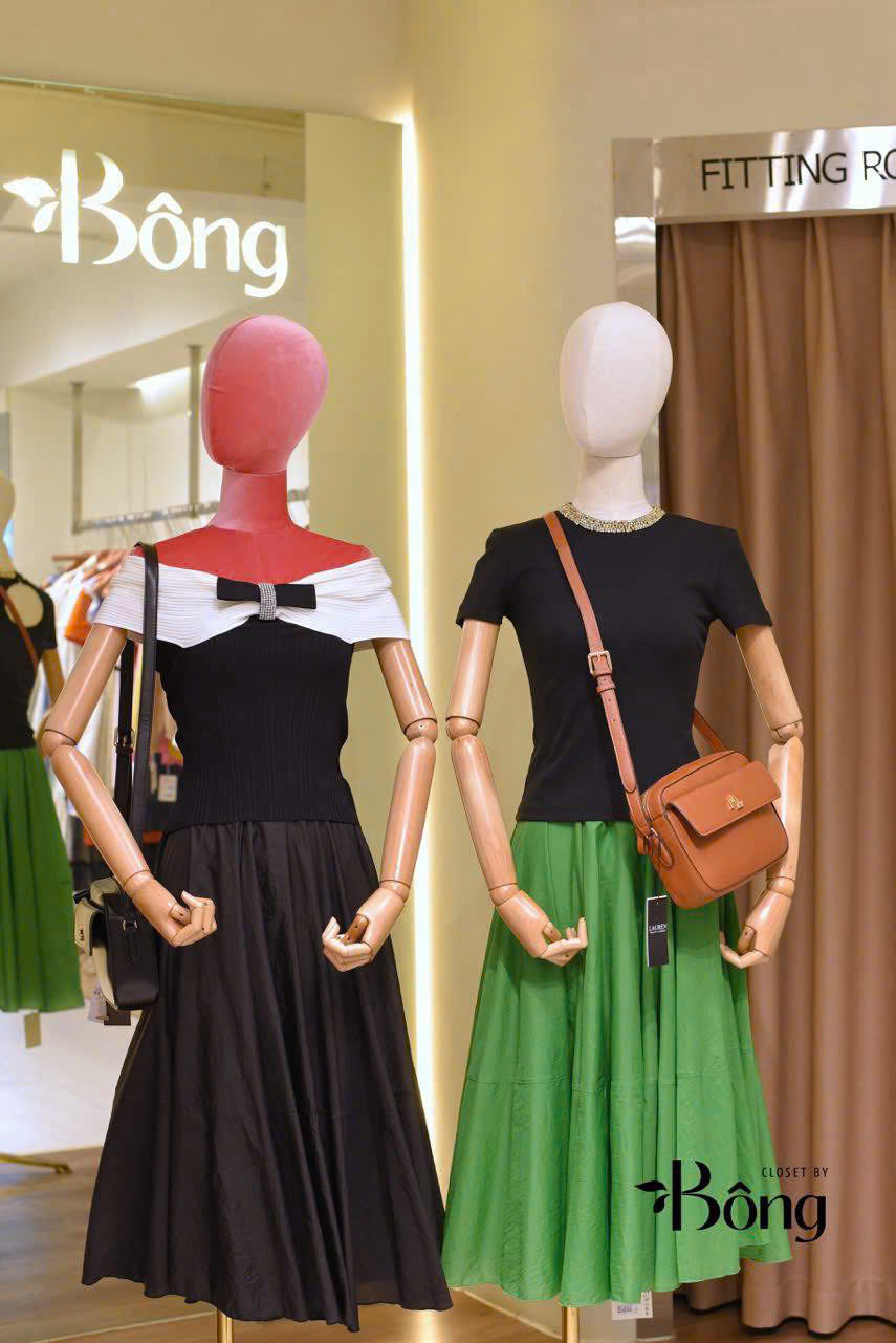 Chân váy midi COS xoè 2 màu chất poly