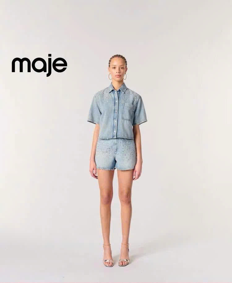 Áo denim Maje ngắn tay đính hạt bling