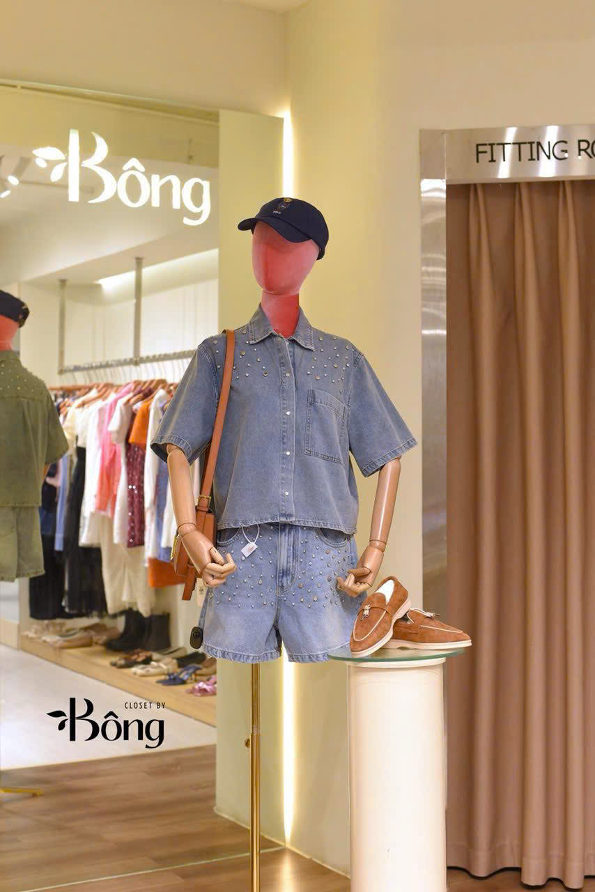 Áo denim Maje ngắn tay đính hạt bling