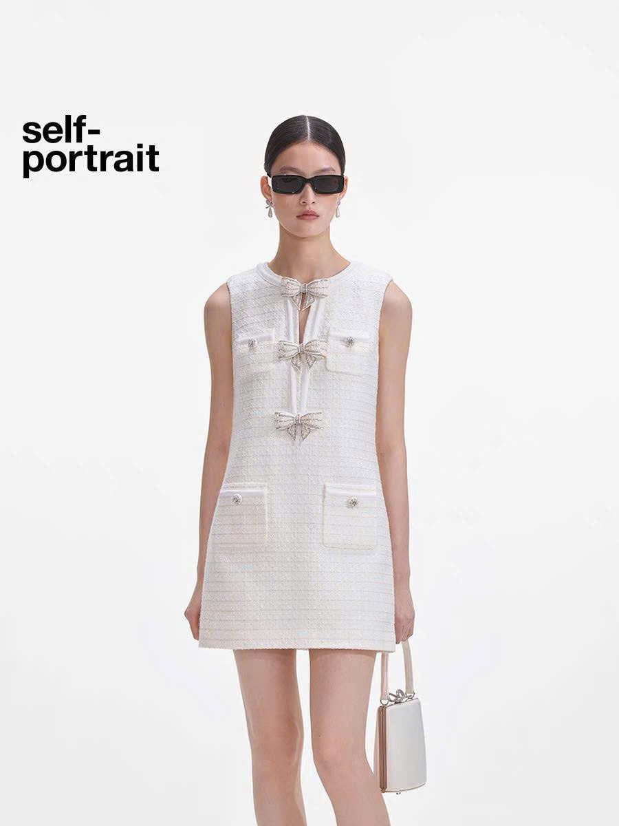 Váy dạ Sel-Portrait sát nách nơ ngọc trai trắng