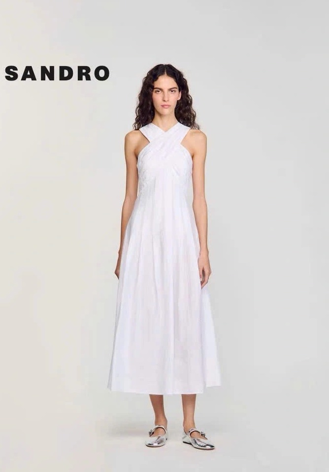 Váy maxi Sandro cổ yếm trắng