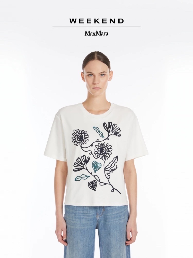 Tshirt MaxMara trắng thêu ren chỉ hoa đen