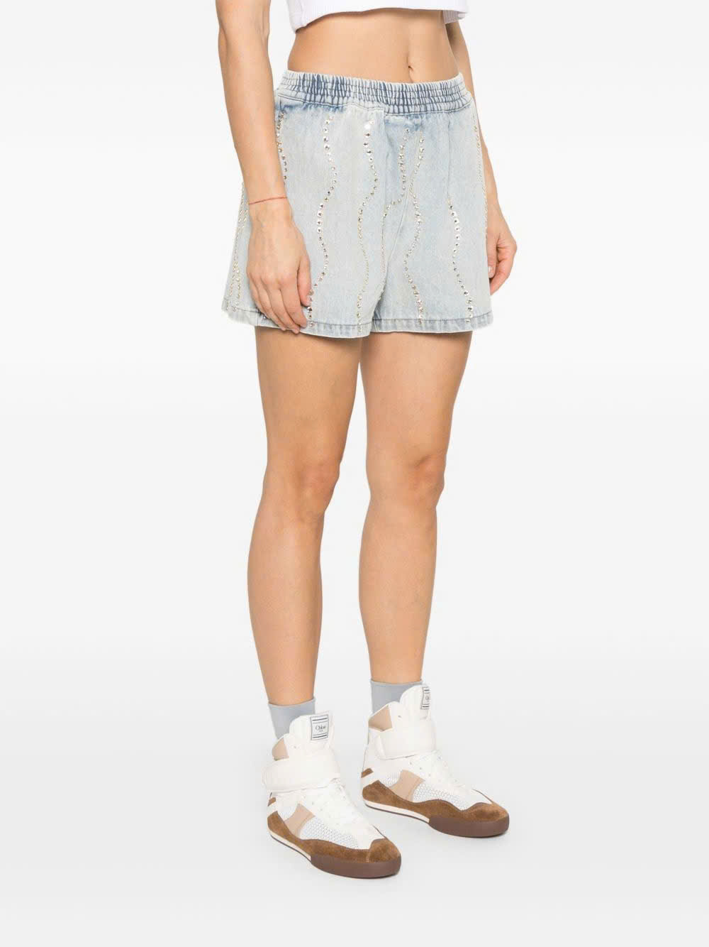 Quần short denim Sandro đính đá bling