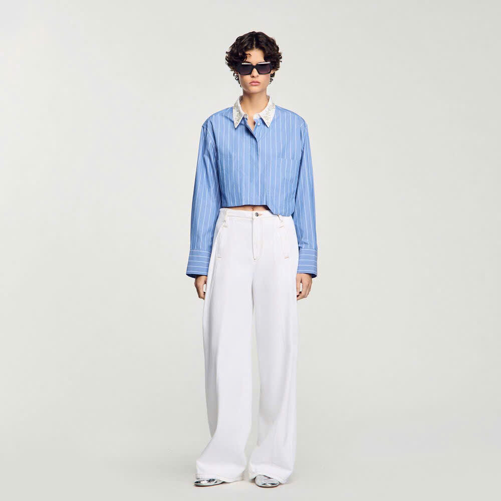 Sơ mi Sandro croptop kẻ xanh cổ đá