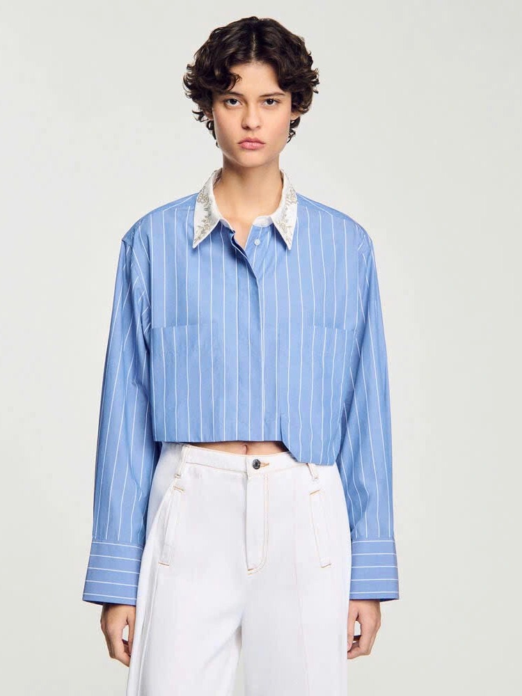 Sơ mi Sandro croptop kẻ xanh cổ đá