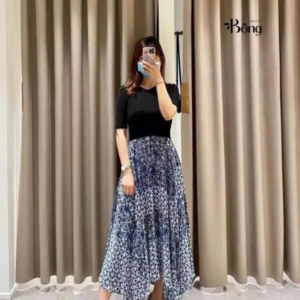 Váy maxi lụa Maje cải cotton đen hoa xanh