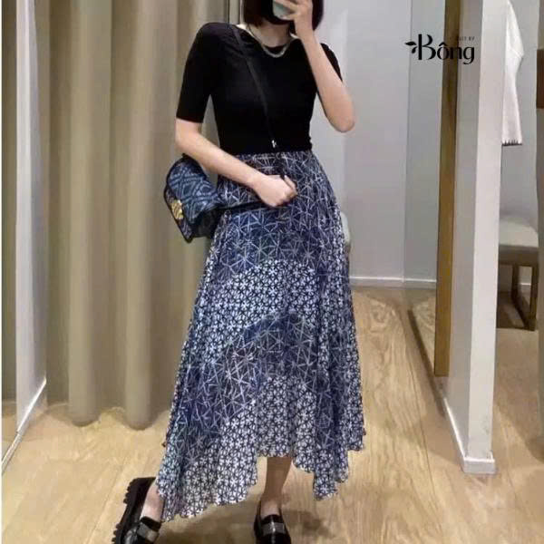 Váy maxi lụa Maje cải cotton đen hoa xanh