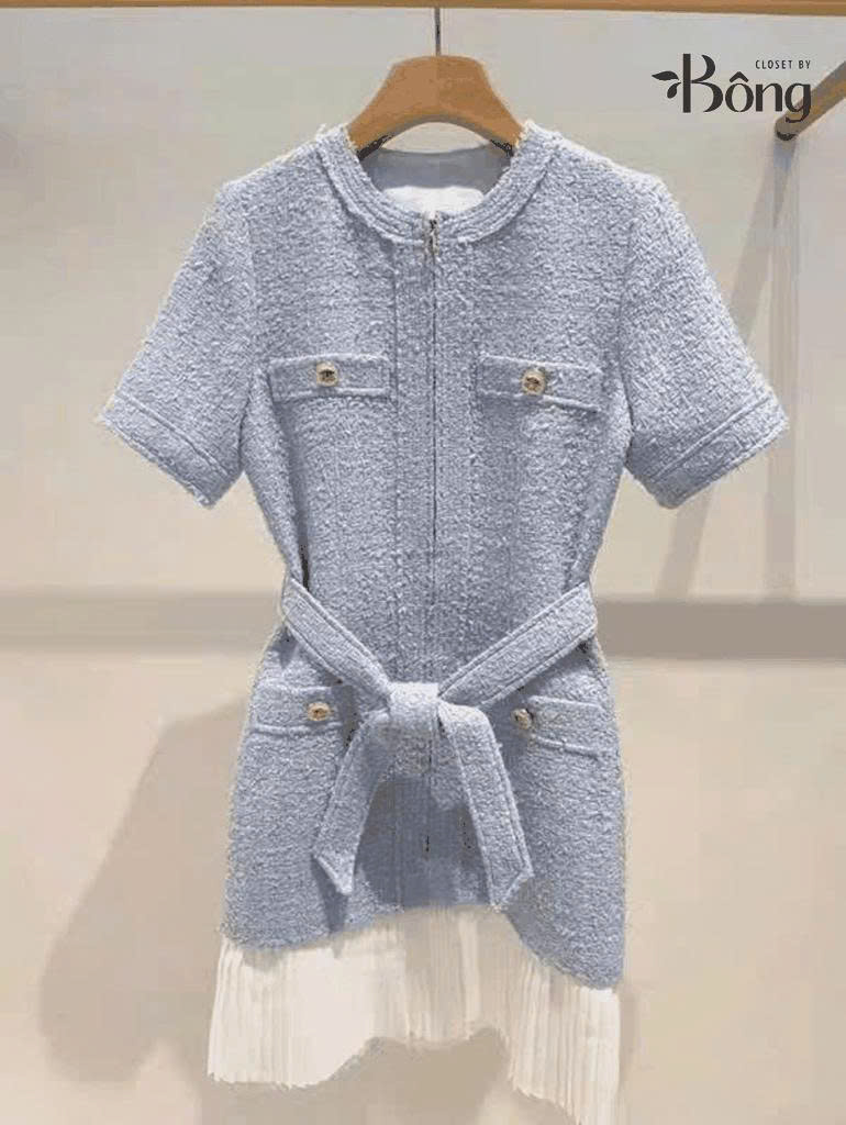 Váy dạ Sandro cộc tay 4 túi trước màu xanh kèm belt chân xếp ly