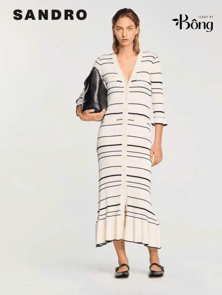Maxi Sandro dệt kim kẻ ngang tay lỡ viền bèo cổ V