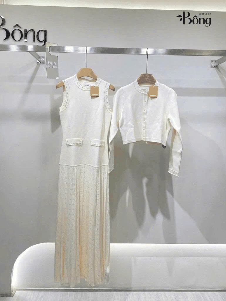 CDG Sandro dệt kim màu kem viền ngọc trai (2pcs)