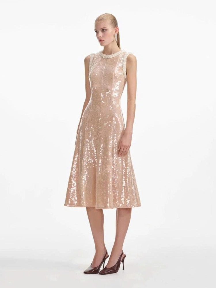 Váy Sel-Portrait bling sequin nude cổ ngọc trai sát nách dáng maxi A