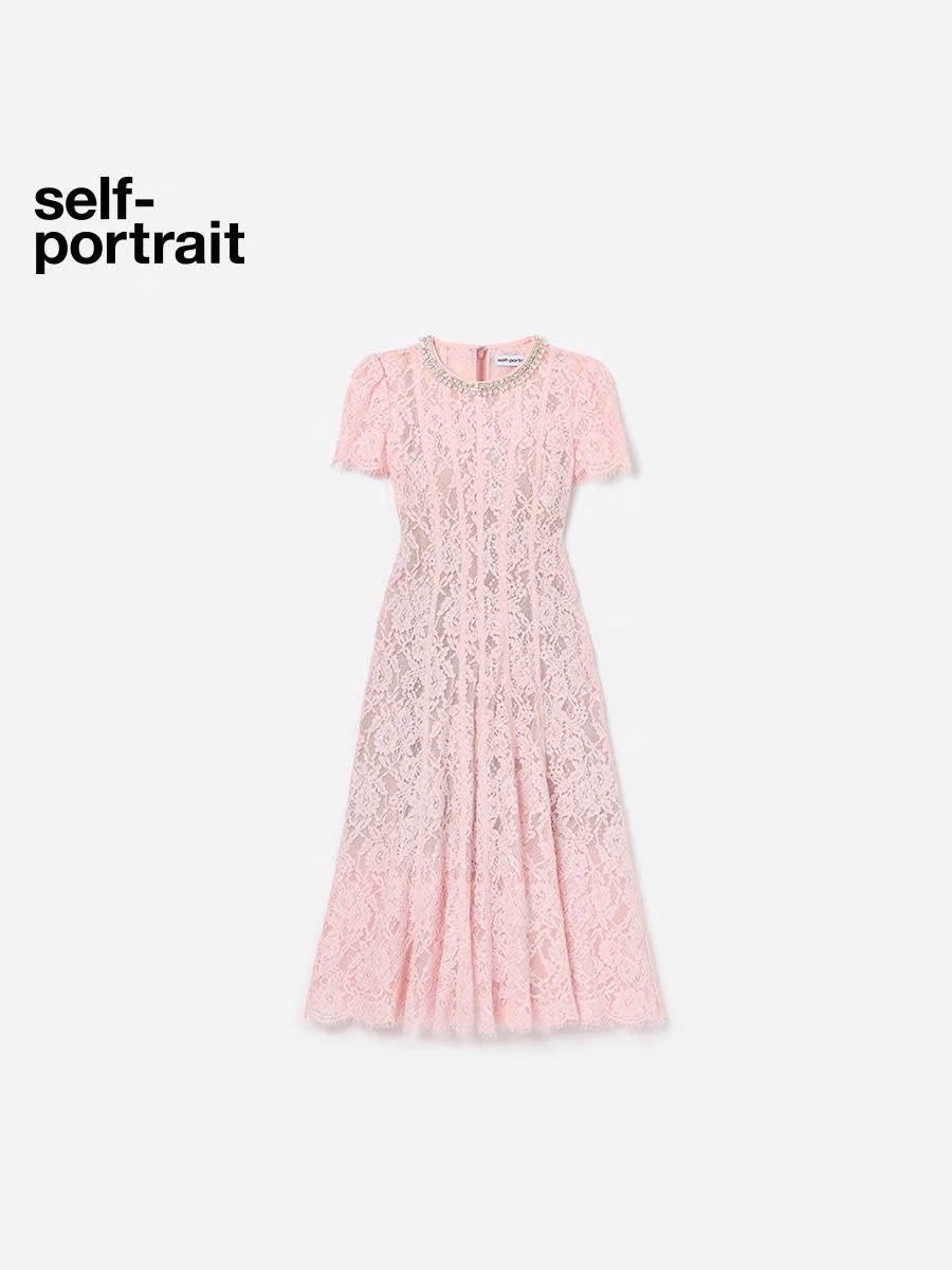 Váy Sel-Portrait midi hồng ren cổ đá
