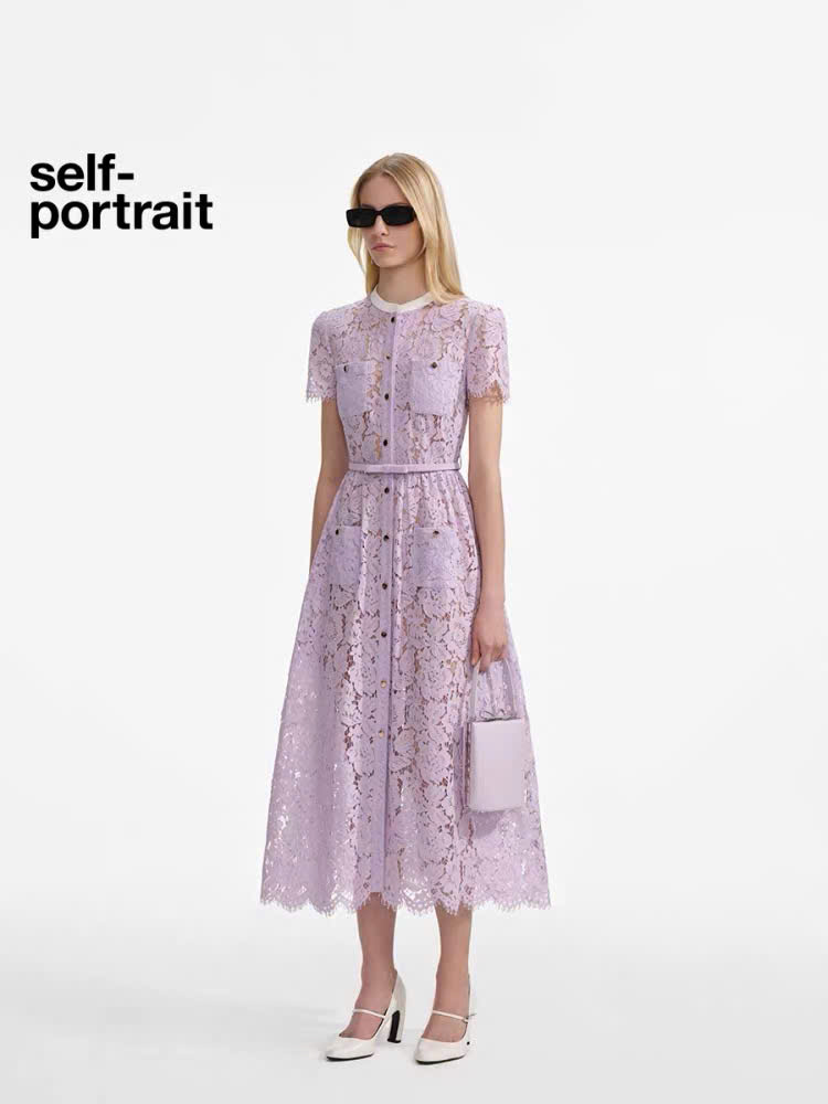 Váy Sel-Portrait ren 3D hồng cổ trắng dáng midi kèm belt