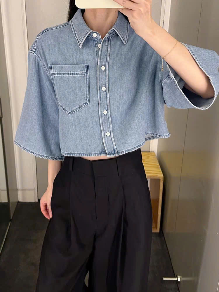 Sơ mi COS denim cổ bẻ dáng crop