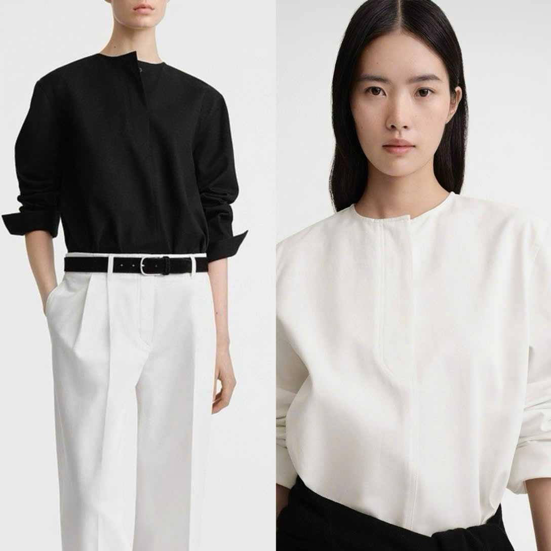 Sơ mi dáng loose cổ tròn khuy ngực