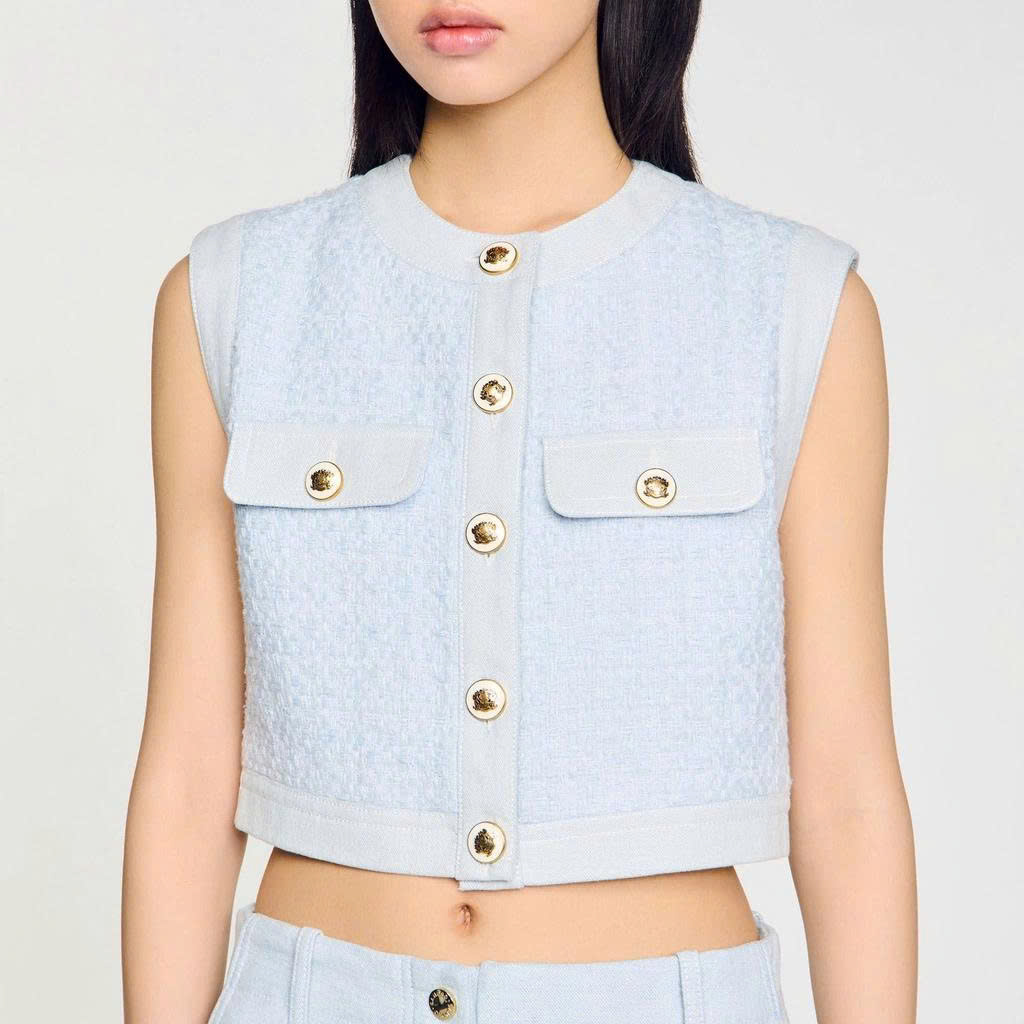 Áo dạ tweed Sandro xanh sát nách