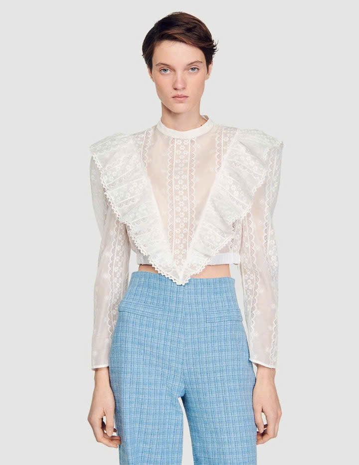 Sơ mi Sandro crop thêu ren chỉ bèo V