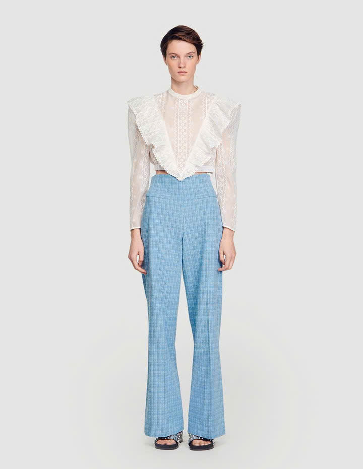 Sơ mi Sandro crop thêu ren chỉ bèo V