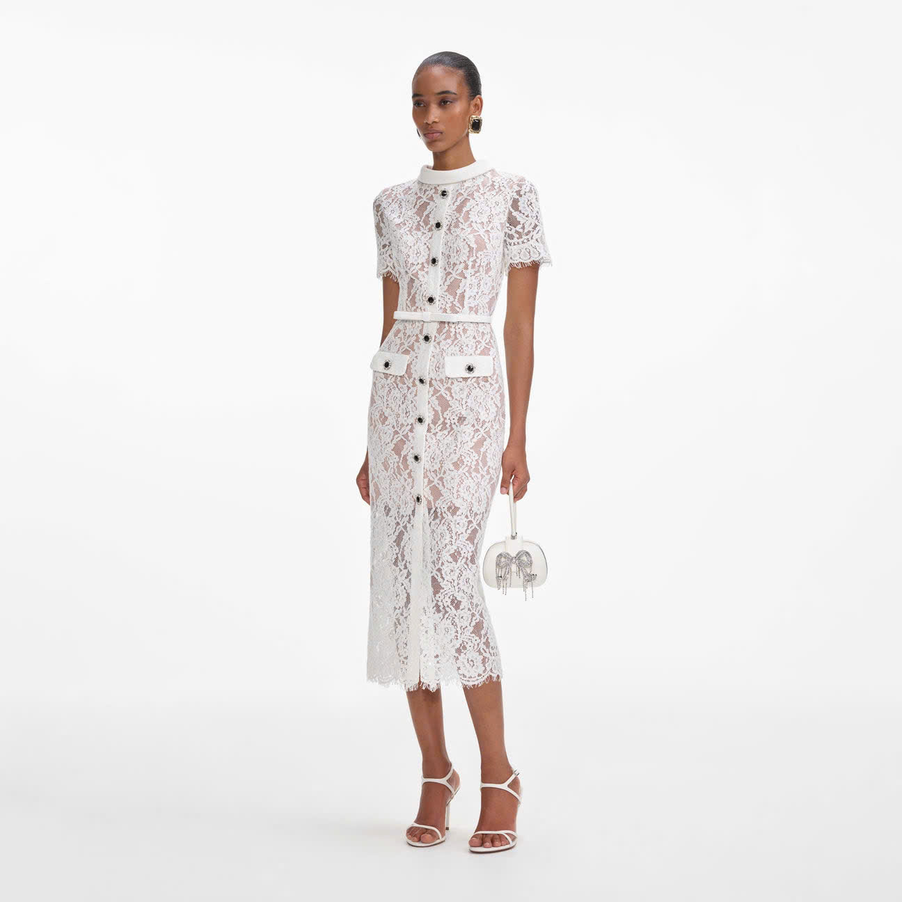 Váy Self- Portrait midi ren hoa 3D bút chì 2 túi bling ngắn tay kèm belt
