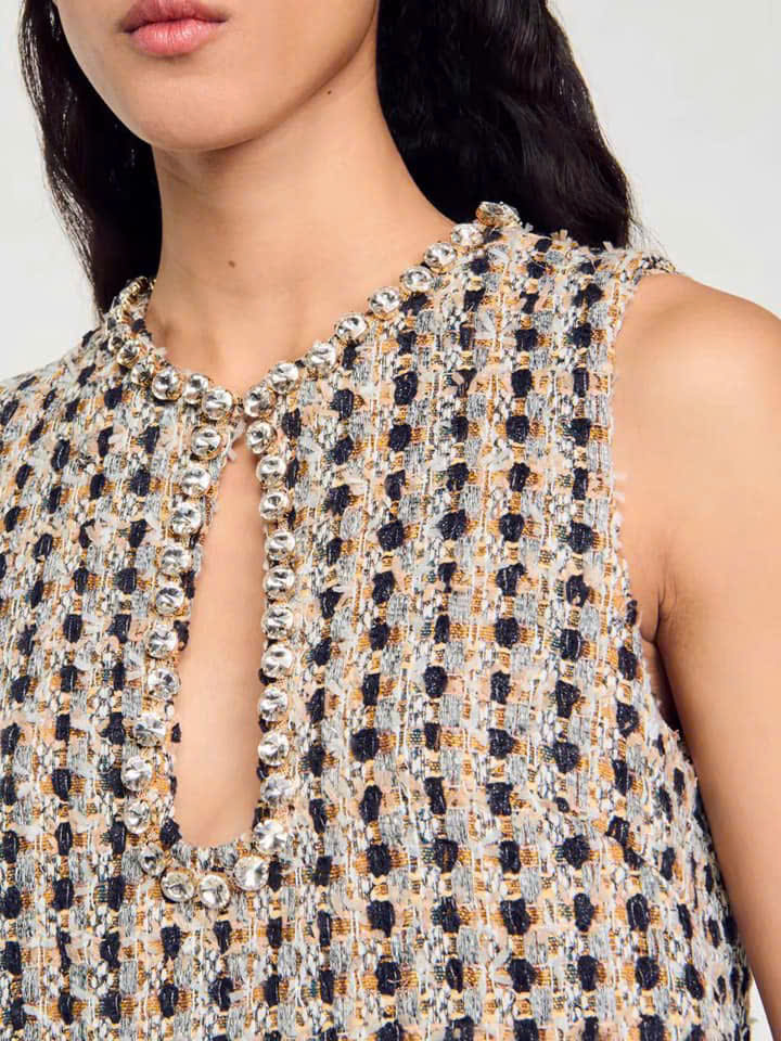 Đầm ngắn vải tweed đính đá