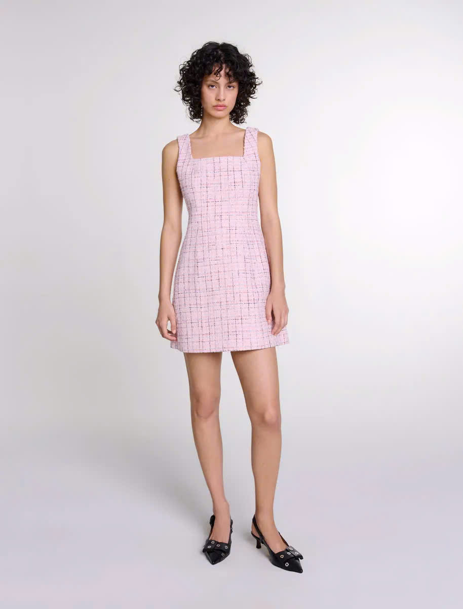 Đầm ngắn tweed kẻ cổ vuông