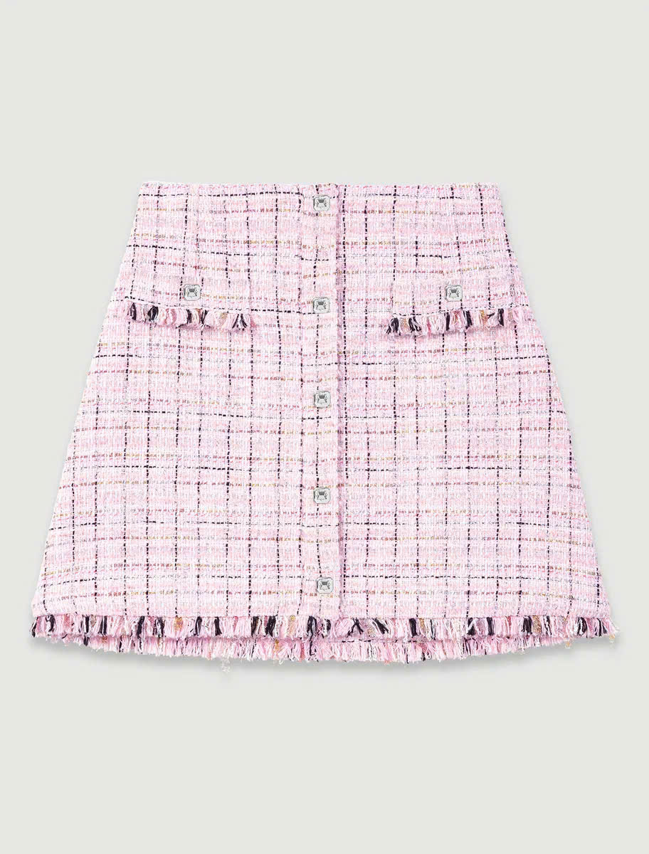 Chân váy ngắn tweed phối sợi nhũ viền tua rua