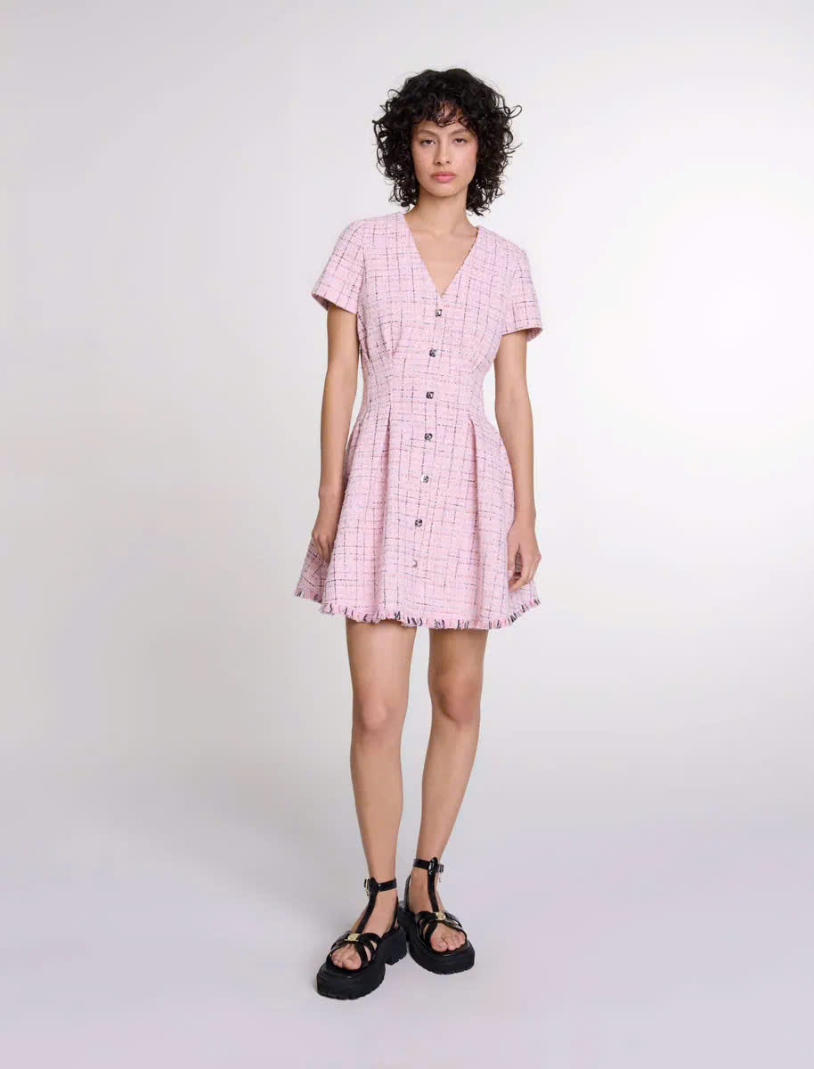 Đầm ngắn tweed ôm eo viền tua rua