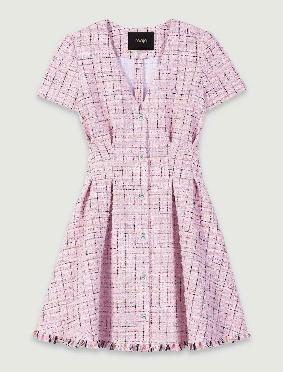Đầm ngắn tweed ôm eo viền tua rua