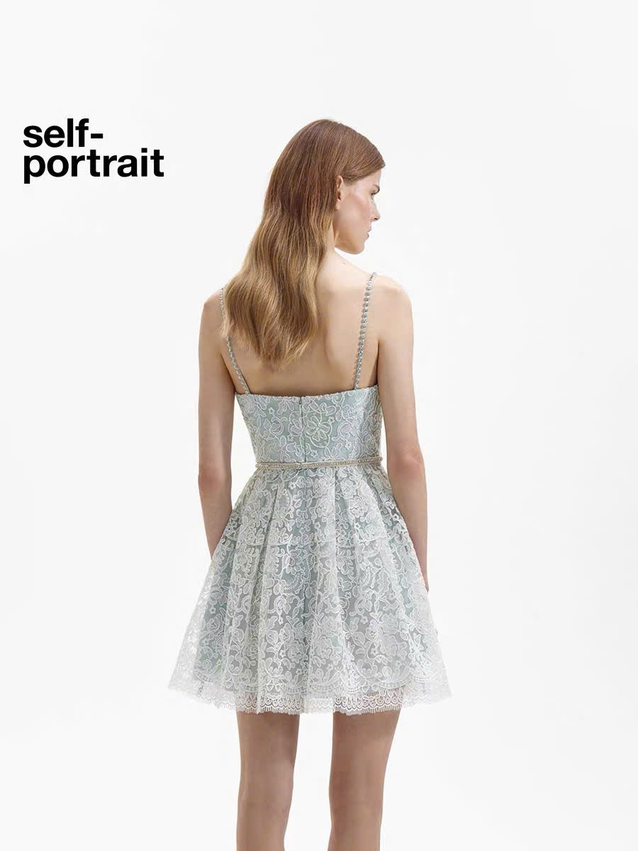 Váy Self- Portrait ren xanh mint bling đá